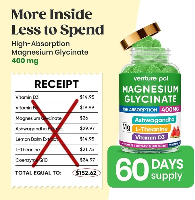 60 Day Supply Magnesium Glycinate 400mg Gummies with Ashwagandha, L-Theanine, CoQ10, Vitamin D3 & B6, Sugar Free Magnesium Gummies for Adults & Kids, Stress Relief, Sleep & Calm, Vegan, Gluten Free