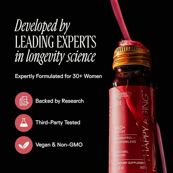 Happy Aging Liquid NAD+ Supplement for Women | Liposomal Nicotinamide Riboside & Resveratrol Shots for Energy, Skin Health & Brain Fog | NMN Alternative with Antioxidants | 10 Shots, 30-Day Supply