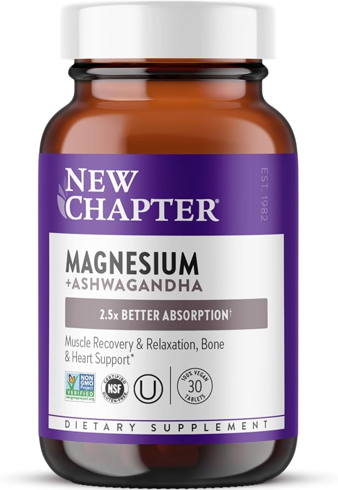 New Chapter Magnesium + Ashwagandha Supplement, 325 mg with Magnesium Glycinate for Muscle Relaxation & Recovery, Heart, Nerve & Bone Health, 2.5X Absorption, Non-GMO - 30 ct (1 Month Supply)
