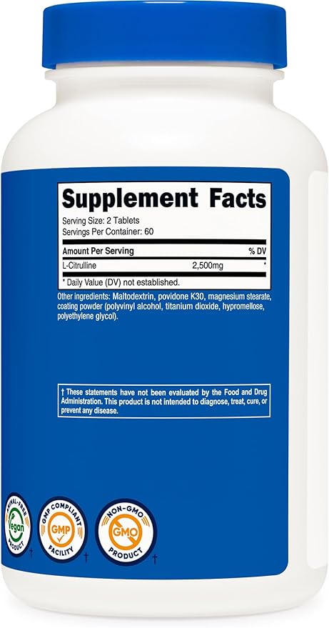Nutricost L-Citrulline 2500mg Per Serving, 60 Servings, 1250mg Per Tablet, 120 Tabs - Non-GMO and Gluten Free Supplement