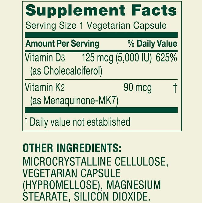 Vitamin K2 + D3 • 5000 IU D3 + Vitamin K2 • Bone, Heart & Immune Support • 90 Vegetarian Capsules • Non-GMO by Spring Valley + Daily Supplement Tracker Sticker