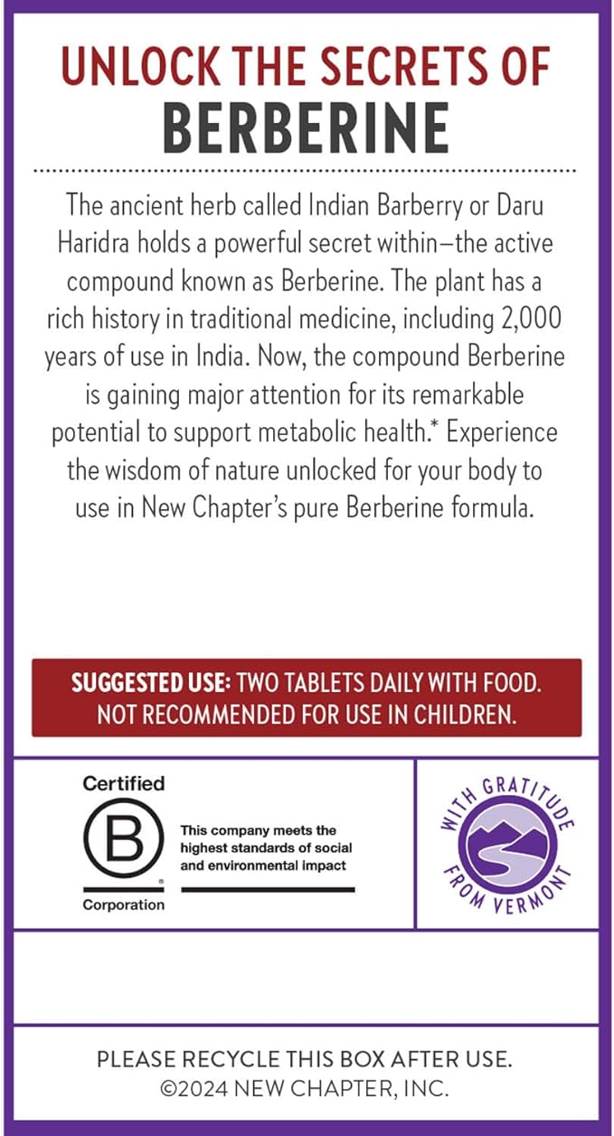 New Chapter Berberine Supplement - Super-Potent Berberine 1000 mg, 30x Concentrated Indian Barberry Extract to Support Metabolic Health + Heart Health + Glucose Support, Vegan, Gluten Free, 60 Count