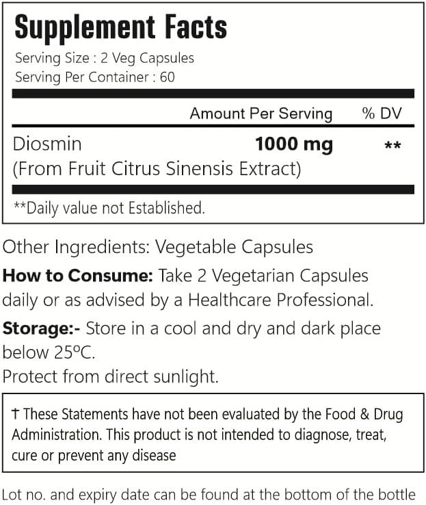 Diosmin Capsules, 120 Count, 1000 mg Serving, Vegan, Citrus Bioflavonoids 100% Vegetarian, Non-GMO & Gluten Free Diosmin Supplement with Max Strength - 2 Packs