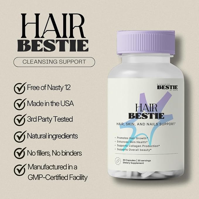 Biohacking Bestie Hair Bestie for Women & Men - Hair Growth Supplement with Biotin, Collagen, Vitamin B5, & Keratin, Support for Skin Health & Nails - 60 Capsules