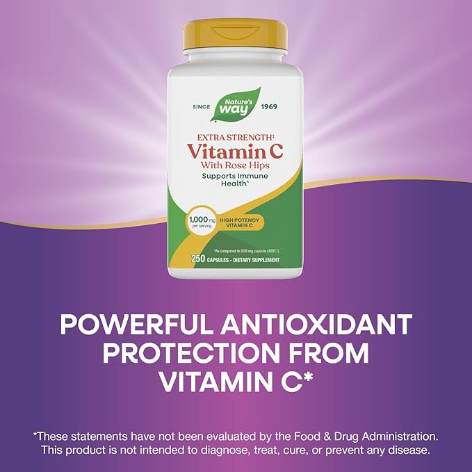 Nature's Way Extra Strength(1) Vitamin C with Rose Hips, Supports Immune Health*, Collagen Production*, High Potency Vitamin C, 250 Capsules (Packaging May Vary)