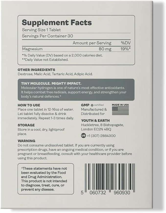 Youth & Earth Molecular Hydrogen Tablets, Effervescent Form, 30 Count, Cell Health Support, Antioxidant-Rich, Vegan