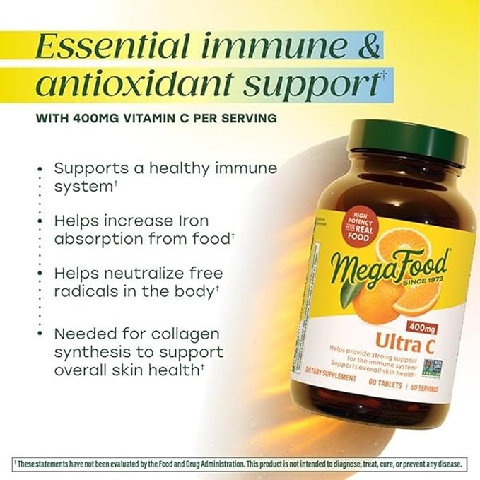 MegaFood Ultra C 400 mg - Vegan Vitamin C Immune Support Supplement, Vitamin C Supplement Made with Real Food Including Broccoli, Carrot, Cranberry & Brown Rice - 60 Tablets, 60 Servings