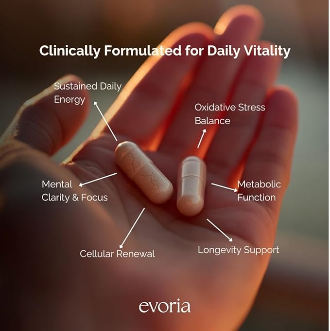Evoria Morning Boost Capsules – Clinically Formulated – NAD+, Resveratrol, PQQ & Spermidine for Cellular Energy, Mitochondrial Support & Daily Vitality | 30 Servings