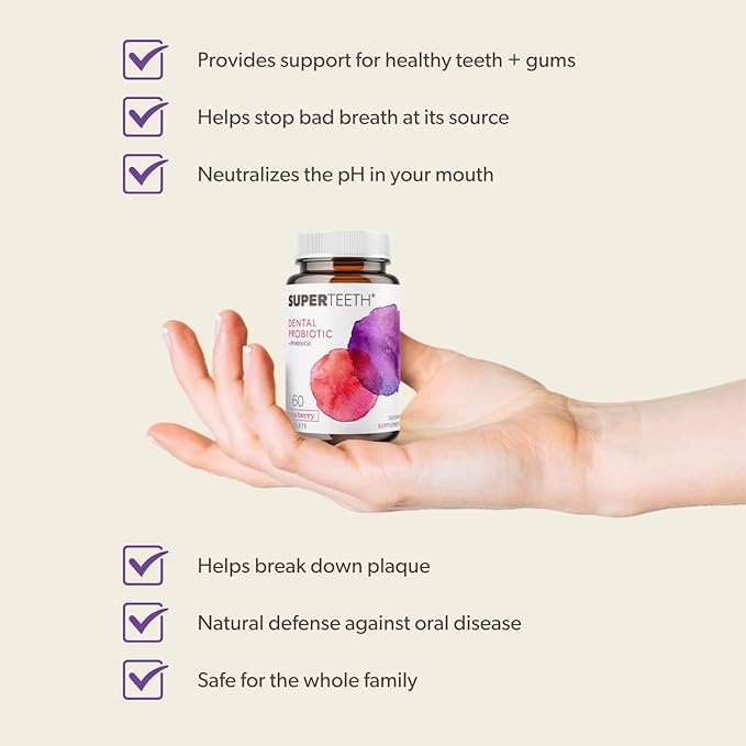 SuperTeeth Oral Probiotics for Mouth Bad Breath & Cavities, Oral Defense Dental Probiotic to Support Healthy Teeth & Gums, Lactobacillus Reuteri Chewable for Kids & Adults, 60 Strawberry Tablets