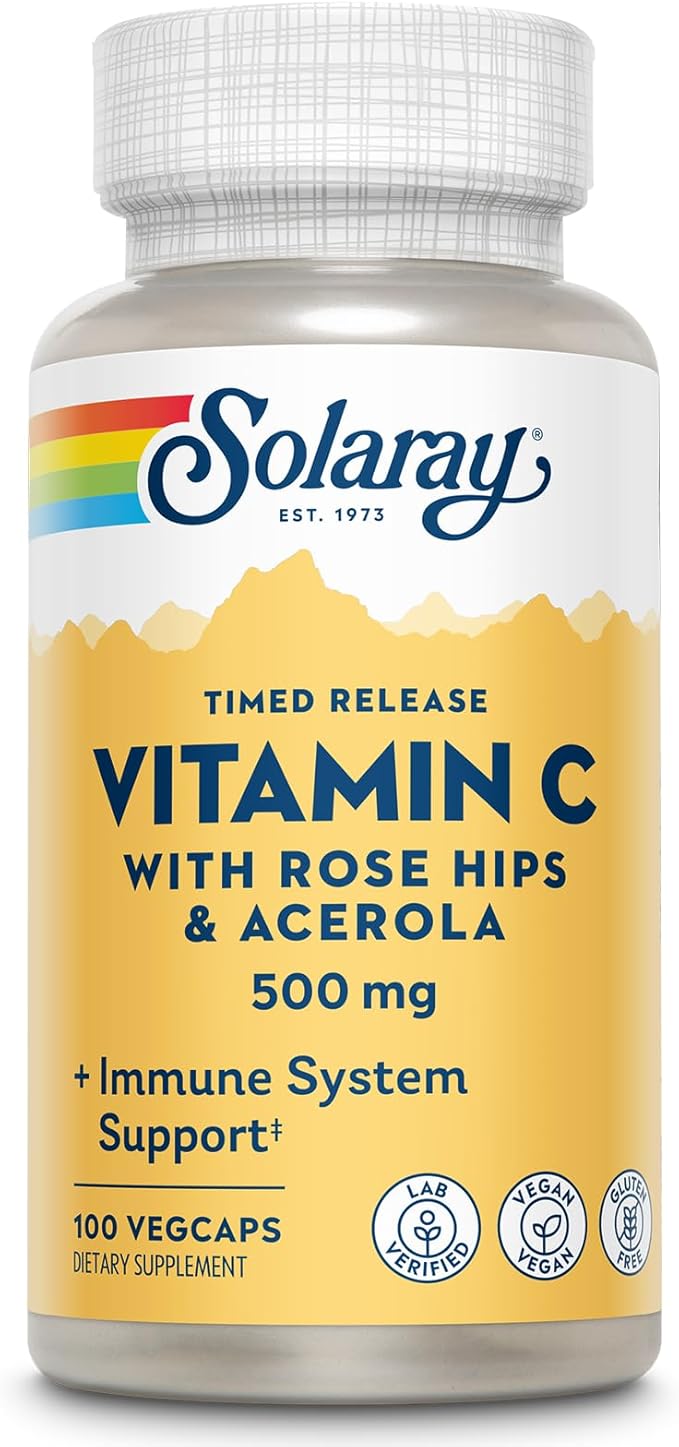 SOLARAY Vitamin C 500mg, Two-Stage Timed Release - Antioxidant and Immune Support Supplement - Vitamin C with Rose Hips and Acerola, Vegan, Gluten Free, 60-Day Guarantee, 100 Servings, 100 VegCaps