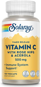 SOLARAY Vitamin C 500mg, Two-Stage Timed Release - Antioxidant and Immune Support Supplement - Vitamin C with Rose Hips and Acerola, Vegan, Gluten Free, 60-Day Guarantee, 100 Servings, 100 VegCaps