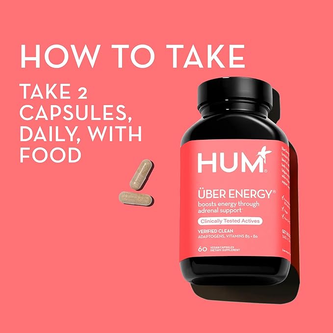 HUM Uber Energy Adrenal Energy Support Supplement with Ashwagandha Root, Ginseng, B Vitamins, Vitamin B6, B5, and Adaptogens, Supplements for Adrenal Fatigue Support, 60 Vegan Capsules