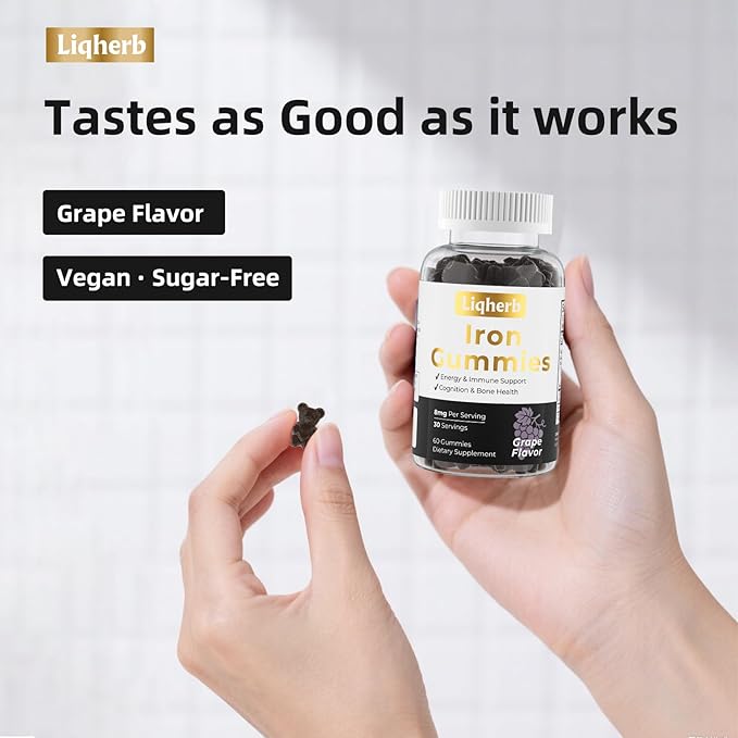 8mg Iron Supplement Gummies for Women & Men, with Boron & Vitamin C, Energy & Immune System Supports, Cognitive & Bone Health, Delicious Grape Flavor, Vegan, Non-GMO, Gluten Free, 60