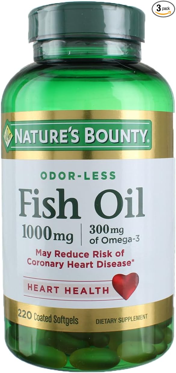 Nature's Bounty Fish Oil 1000 mg Omega-3, 220 Odorless Softgels (Pack of 3)