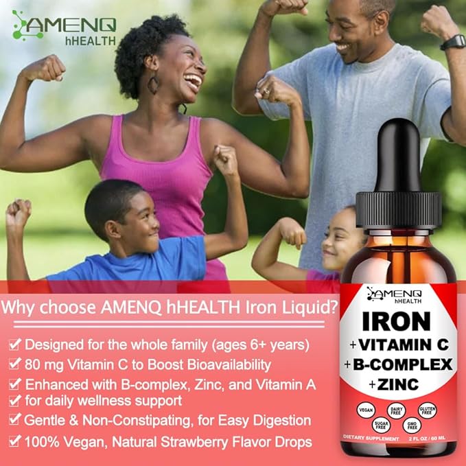 Liquid Iron Supplement w/Vitamin C, A, B-Complex, Vegan Iron Drops High Potency Liquid Vitamin & Iron Supplements for Women, Men & Children -Support Red Blood Cell, Energy, Anemia & Fatigue