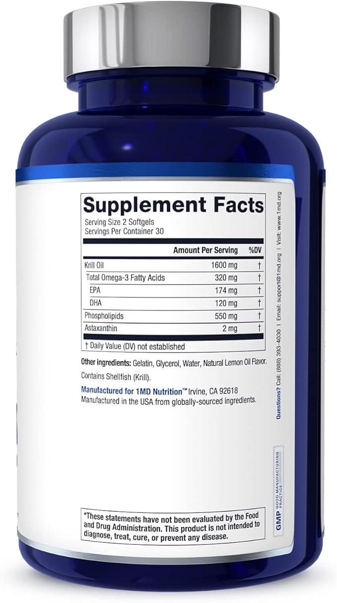 1MD Nutrition KrillMD - Antarctic Krill Oil Omega 3 Supplement with Astaxanthin, EPA, DHA | 2X More Effective Than Fish Oil | 60 Softgels (2-Pack)