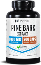 Healthfare Pine Bark Extract 6000mg French Maritime | 200 Vegan Capsules | Standardized 95% OPC Proanthocyanidins | Antioxidant Herbal Supplement | Non-GMO, Gluten-Free | Made in USA