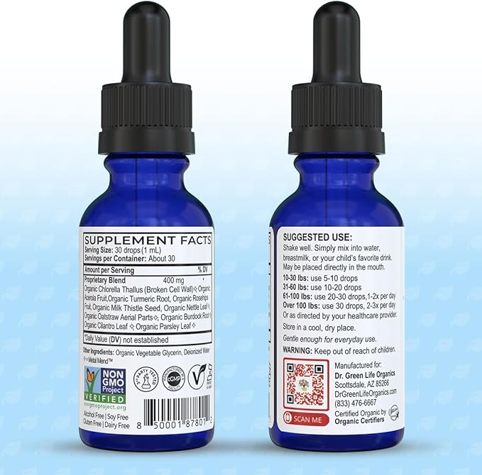 Dr. Green Mom Organic VaxClear with Metal Mend, Herbal Heavy Metal Detox Drops for Kids and Infants with Chlorella, Turmeric, Cilantro and Milk Thistle to Cleanse and Support Immune Response