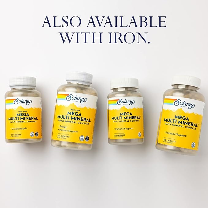 SOLARAY Mega Multi Mineral, Iron Free - Daily Mineral Supplement w/Trace Minerals, Electrolytes, Calcium, Magnesium, Zinc, Selenium, Boron -Cellular Energy, Immune Support, 60-Day Guarantee, 50 Serv