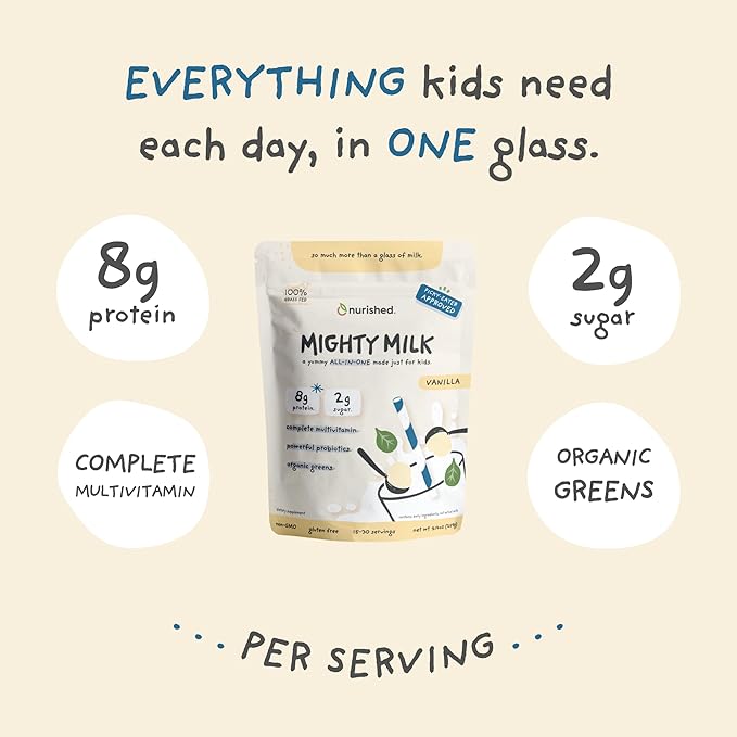 Vanilla Mighty Milk - Kids All-in-One Daily Protein Powder & Multivitamin Boosted with 2 Billion Probiotics & Organic Spinach - Natural Flavors, Colors & Sweeteners - 15-30 Servings