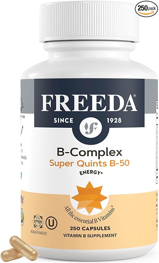 FREEDA B-Complex Capsules – Super Quints B-50 – B2 B3 (Niacinamide) B6 B12 + Biotin + Folic Acid + Choline & Inositol – Vegan – 250 Capsules