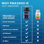 PMAX600 High Dose Pure Potassium Electrolyte Supplement 600mg Capsules 4-Type Potassium Blend-Citrate, Gluconate, Bicarbonate,Chloride. Supports Healthy Blood Pressure, Heart, Kidneys, Bones, Muscles