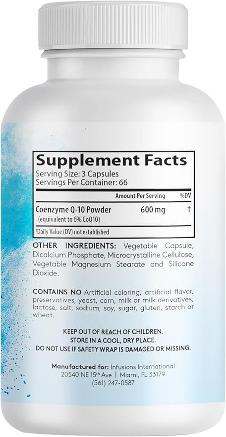 Infusions Maximum Strength Pure CoQ10 600mg 200 Capsules High Absorption Gluten Free Non-GMO