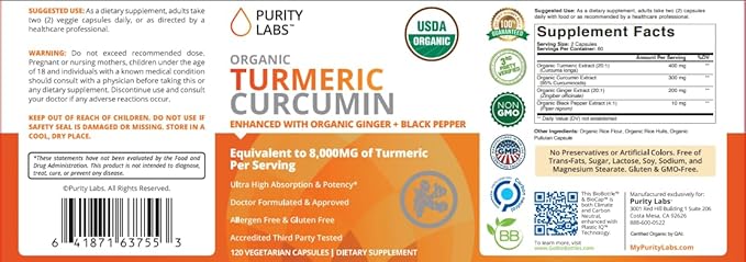 USDA Organic Turmeric Curcumin Capsules 8000mg Equivalent with Black Pepper & Organic Ginger for Absorption, High Potency Turmeric Supplement for Joint Support & Inflammation, 120 Vegetarian Capsules