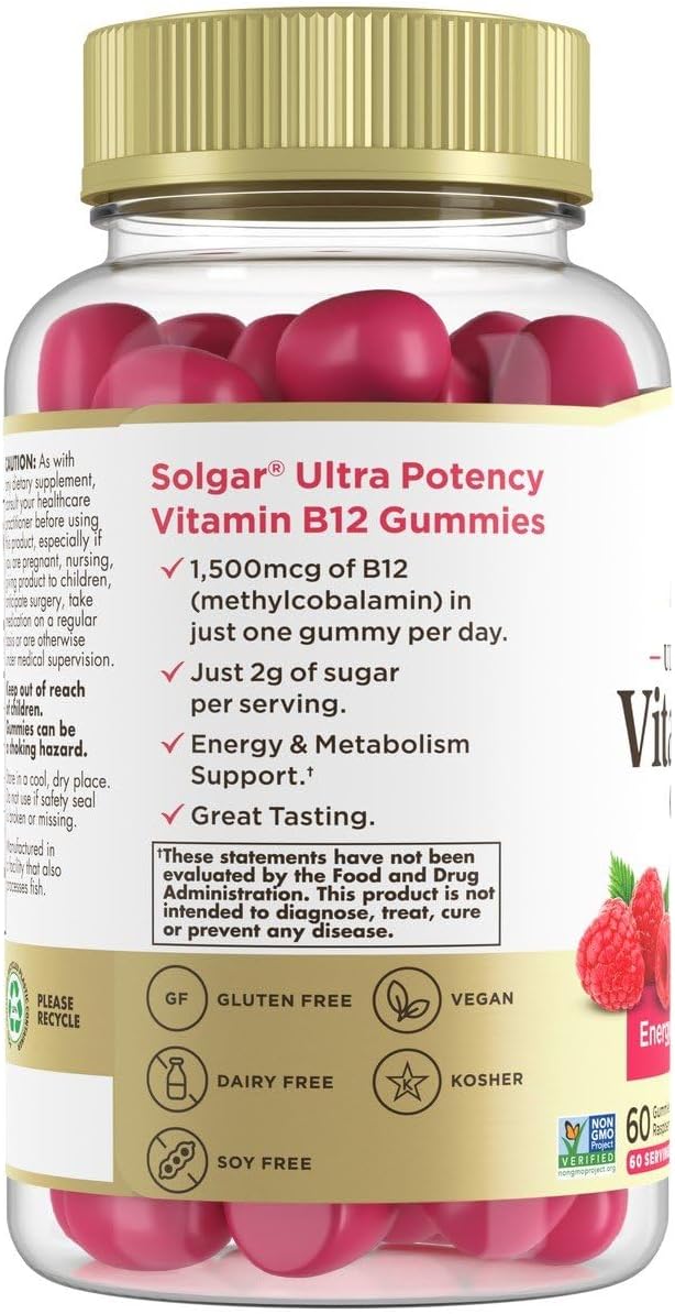 Solgar Methyl B12 Gummies for Adults 1,500mcg Ultra Potency Vitamin for Energy & Metabolism Support, Raspberry Flavor, Vegan & Gluten-Free Gummy for Women & Men, 2 Month Supply, 60 Servings, 2g Sugar
