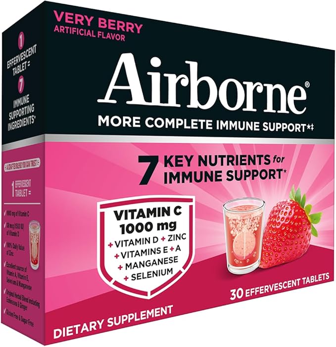 Airborne 1000mg Vitamin C with Vitamin D & Zinc, Sugar Free Multivitamin Immune Support Supplement, Antioxidants Vitamins A C & Vitamin E, 30 Effervescent Tablets, Very Berry Flavor