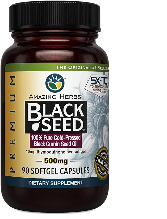 Amazing Herbs Premium Black Seed Oil Capsules - Gluten Free, Non GMO, Cold Pressed Nigella Sativa Aids in Digestive Health, Immune Support- 90 Count, (Pack of 1)