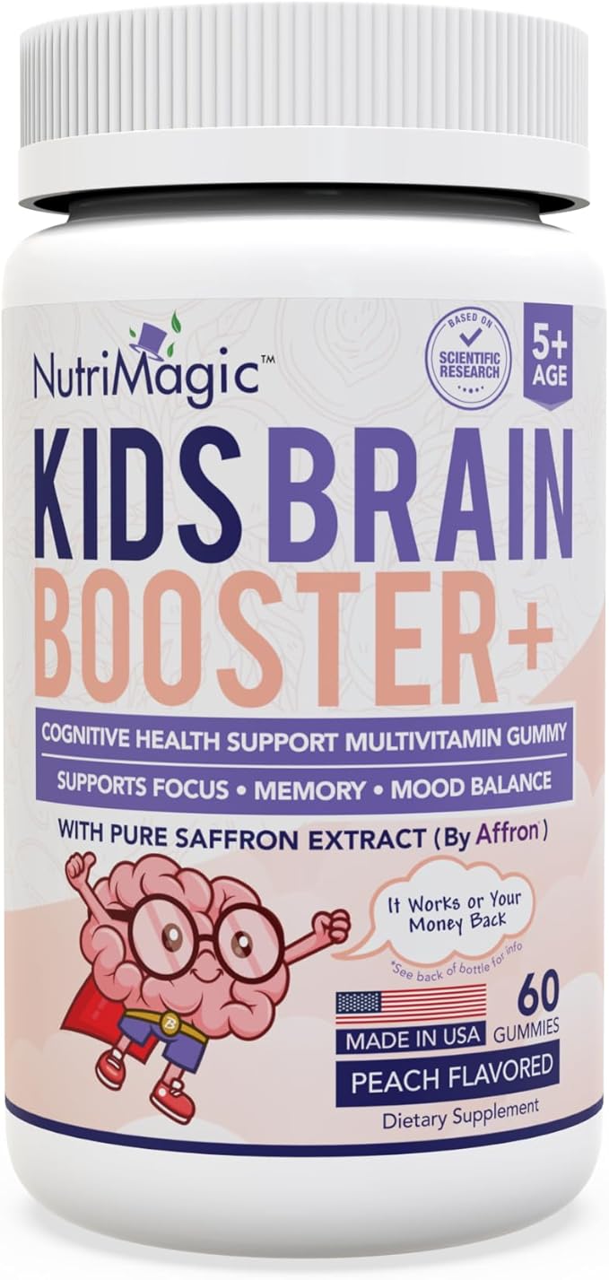 NutriMagic Kids Brain Booster+ 30mg Saffron-Based Multivitamin Gummies for Kids Brain Health Support, Saffron Extract Gummies, Vitamin D3, B6, B12, Zinc, 120x Non-GMO Gummy (2-Pack)