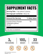 BulkSupplements.com Acerola Cherry Powder - Fruit Powder, Acerola Cherry Supplement, Vitamin C Supplement - Gluten Free, 3g per Serving, 100g (3.5 oz) (Pack of 1)