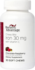 Bariatric Advantage Iron 30 mg Chewy Bite with Vitamin C - for Bariatric Patients - Sugar-Free - Chocolate Raspberry - 30 Count