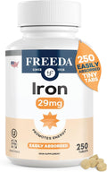 FREEDA 29 mg Gentle Iron Supplement for Women & Men from Ferrous Fumarate – Stomach Friendly Low Iron Pills for Energy & Red Blood Cell Booster Support, Easy-to-Swallow Tablets, Kosher, GF (250 Count)