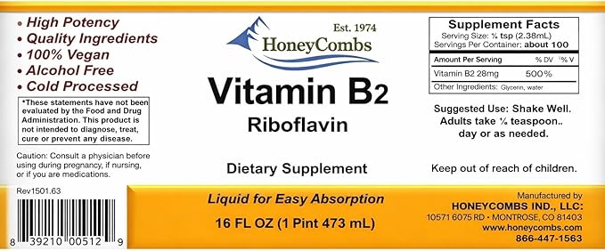 HoneyCombs Riboflavin Vitamin B2 Liquid Drops 750 Percent DV, b2 Made in USA Alcohol Free B2 Vitamins Supplement, Alternative to Capsules for Adult Daily Use (16 oz)