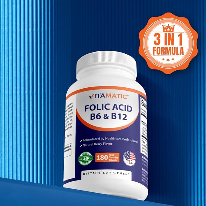 Vitamatic Folic Acid, Vitamin B12 & B6 – 180 Fast Dissolve Tablets Heart Health, Energy Production & Red Blood Cell Support (Pack of 2)