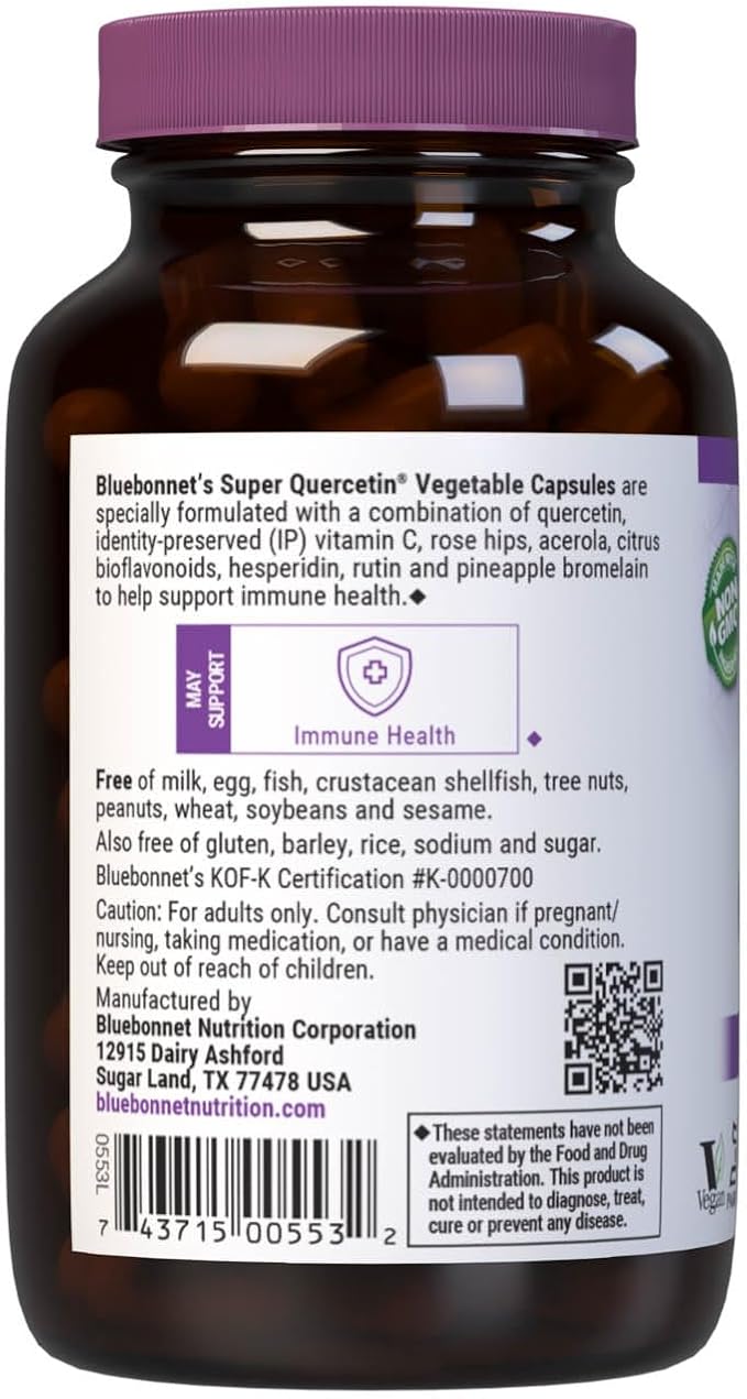 Bluebonnet BB-553 Nutrition Super Quercetin Vegetable Capsules, Vitamin C Formula, Best for Seasonal & Immune Support, Non GMO, Gluten Free, Soy Free, Milk Free, Kosher, White, 90 Count (Pack of 1)