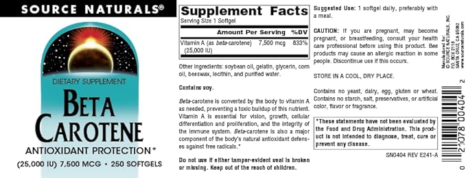 Source Naturals Beta Carotene 25000 iu Antioxidant Protection - Converted by Body to Vitamin A - 250 Softgels