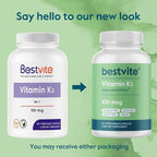 BESTVITE Vitamin K2 100 mcg as MK-7 (240 Vegetarian Capsules)(120x2) - No Stearates - Vegan - Non GMO - Gluten Free