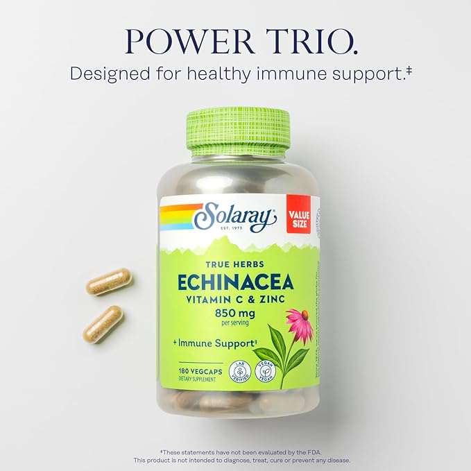 SOLARAY Echinacea with Vitamin C & Zinc – Immune Support Supplement – Echinacea Capsules with Vitamin C 500 mg Plus Bioflavonoids, Vegan, 60-Day Guarantee, 90 Servings, 180 VegCaps