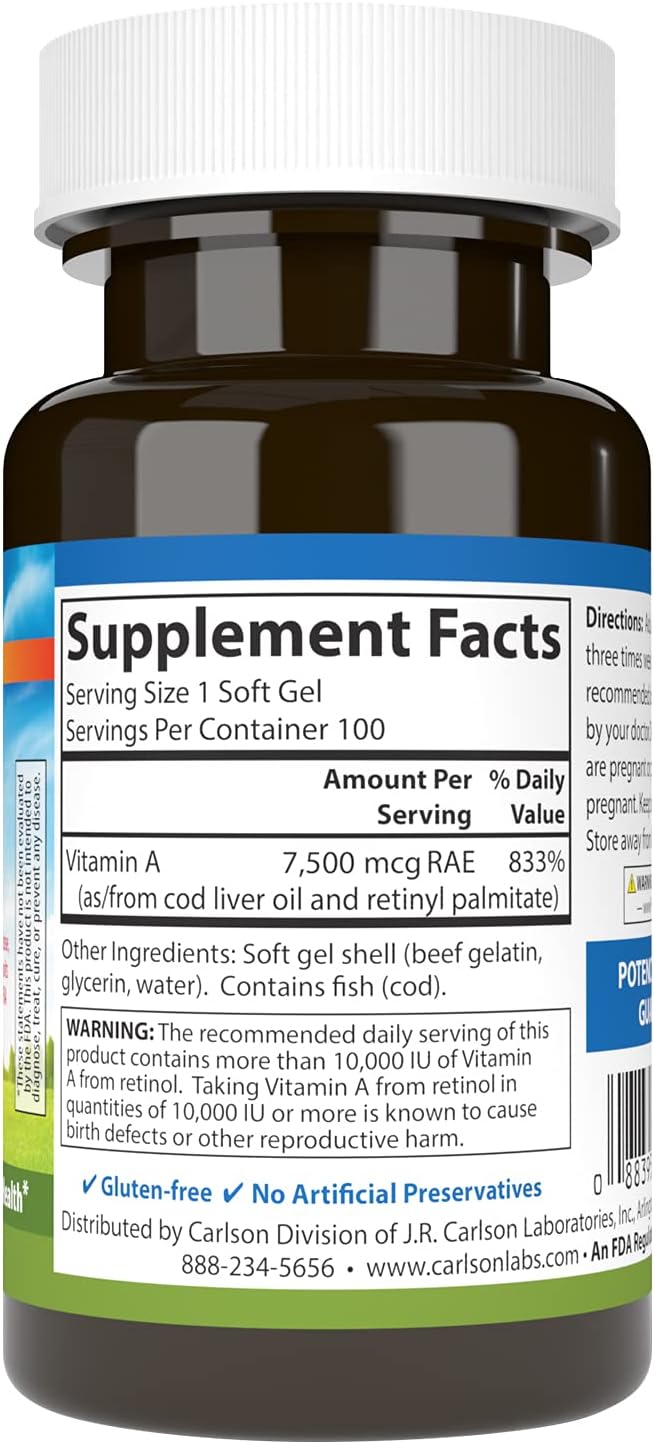 Carlson - Vitamin A, 25000 IU (7500 mcg RAE), Vision & Skin Health, Immune Function, 100 soft gels