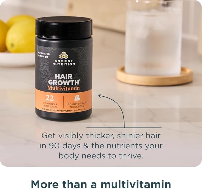 Ancient Nutrition Hair Growth Multivitamin – Supports Thicker Hair, Less Shedding, Smoother Skin & Stronger Nails – with Solubilized Keratin, Powered by Peptides, 22 Vitamins & Minerals – 30 Servings