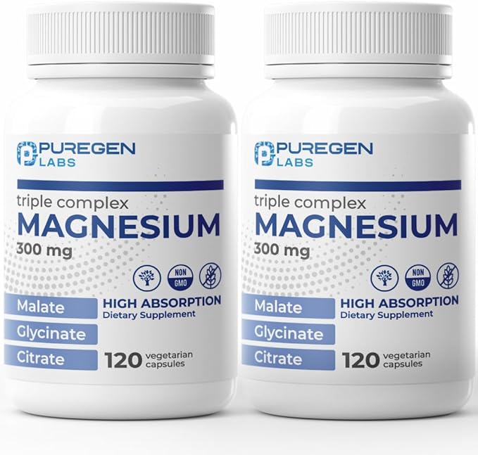 Puregen Labs Triple Magnesium Complex 300mg of Magnesium Glycinate, Malate, & Citrate [High Absorption] Total 240 Veg Capsules | No Harmful Additives | Non-GMO, NO Gluten and Dairy