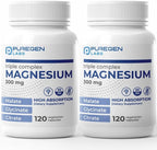 Puregen Labs Triple Magnesium Complex 300mg of Magnesium Glycinate, Malate, & Citrate [High Absorption] Total 240 Veg Capsules | No Harmful Additives | Non-GMO, NO Gluten and Dairy