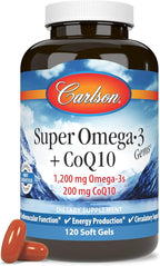 Carlson - Super Omega-3 Gems + CoQ10, 1200 mg Omega-3s 200 mg CoQ10, Circulation Function, Energy Production & Circulatory Support, 120 Softgels