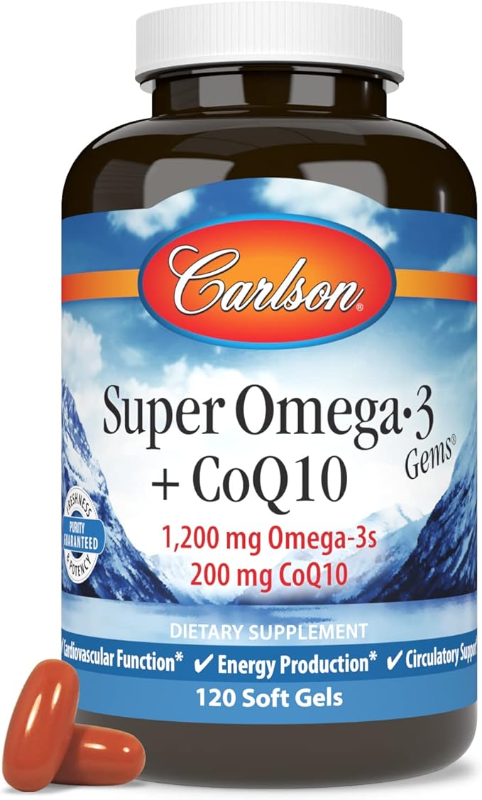 Carlson - Super Omega-3 Gems + CoQ10, 1200 mg Omega-3s 200 mg CoQ10, Circulation Function, Energy Production & Circulatory Support, 120 Softgels