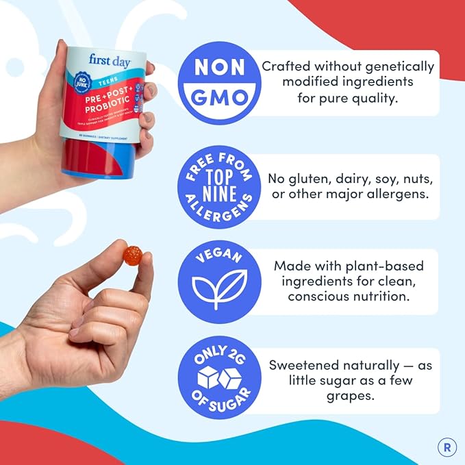 FIRST DAY Teens’ Gut Sustainer Tribiotic Gummies – 3-in-1 Prebiotic, Probiotic & Postbiotic Supplement – Supports Digestive, Skin, Oral & Immune Health, Nutrient Absorption & Growth – 60-Day Supply