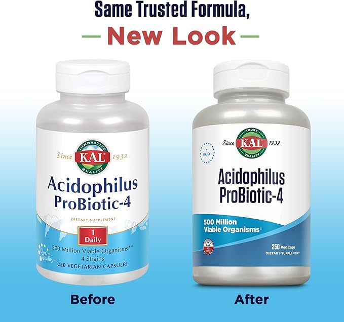 KAL Acidophilus ProBiotic-4, 500 Million CFUs, Four Probiotic Strains, Probiotics for Women and Men, Freeze Dried, L. acidophilus, L. bulgaricus, S. thermophilus, B. bifidum, 250 Servings, 250 VegCaps