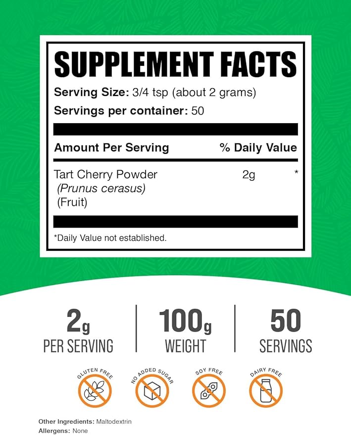 BulkSupplements.com Tart Cherry Powder - Fruit Powder, Tart Cherry Supplements - Antioxidant Source, Gluten Free & No Added Sugar, 2g per Serving, 100g (3.5 oz) (Pack of 1)
